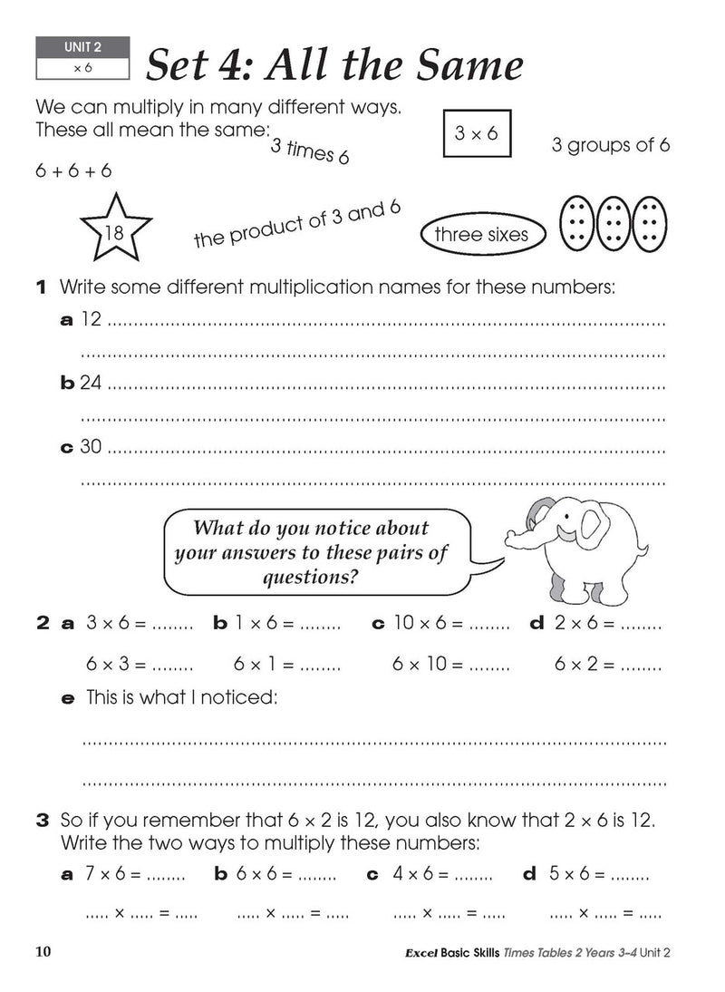 Sample inside activity page from the Excel Basic Skills Times Tables 2 Years 3-4 workbook showing printed exercises for children to complete