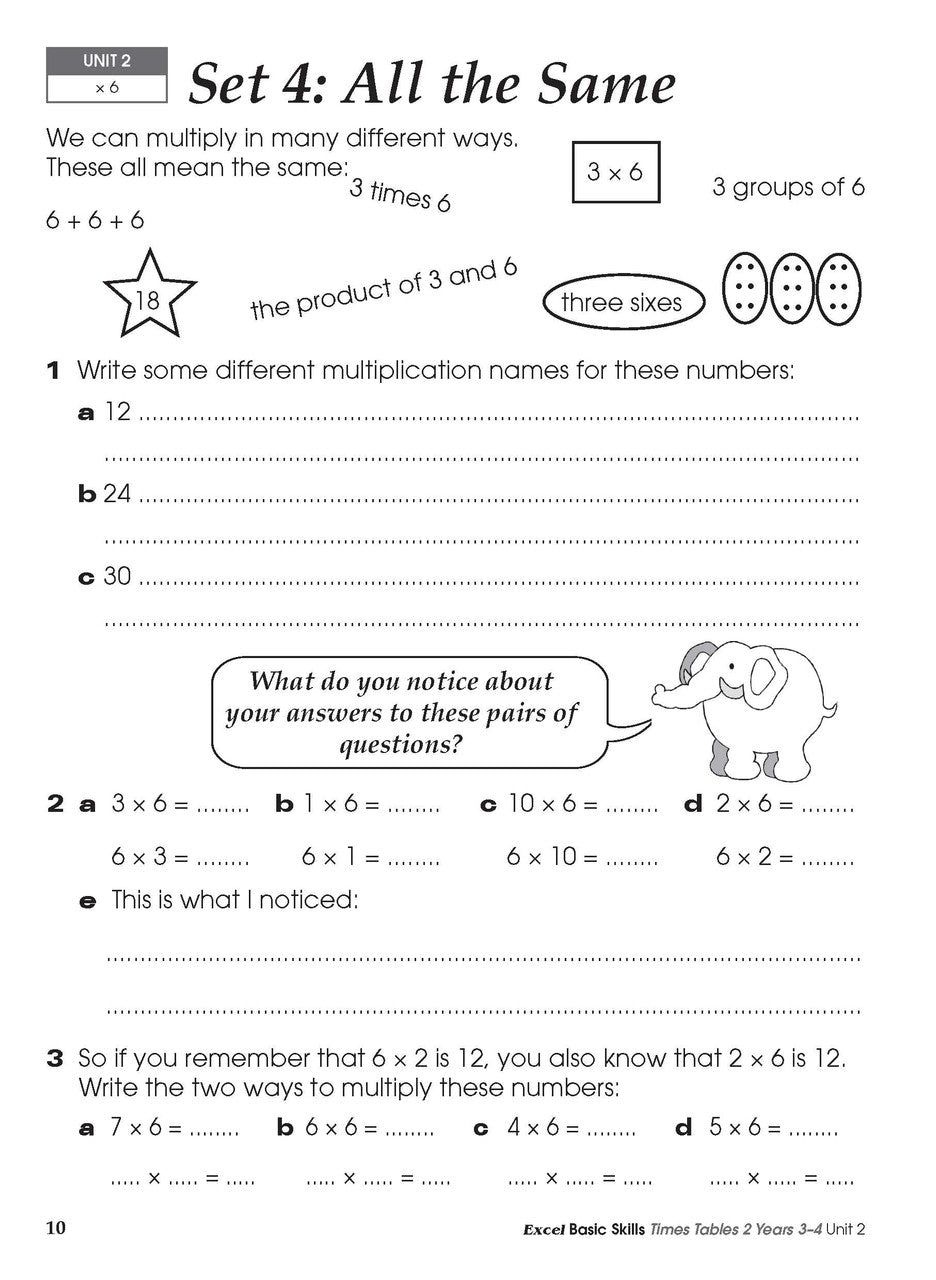 Sample inside activity page from the Excel Basic Skills Times Tables 2 Years 3-4 workbook showing printed exercises for children to complete