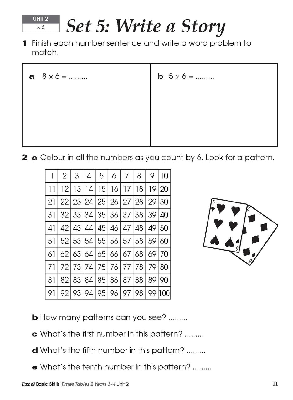 Sample inside activity page from the Excel Basic Skills Times Tables 2 Years 3-4 workbook showing printed exercises for children to complete
