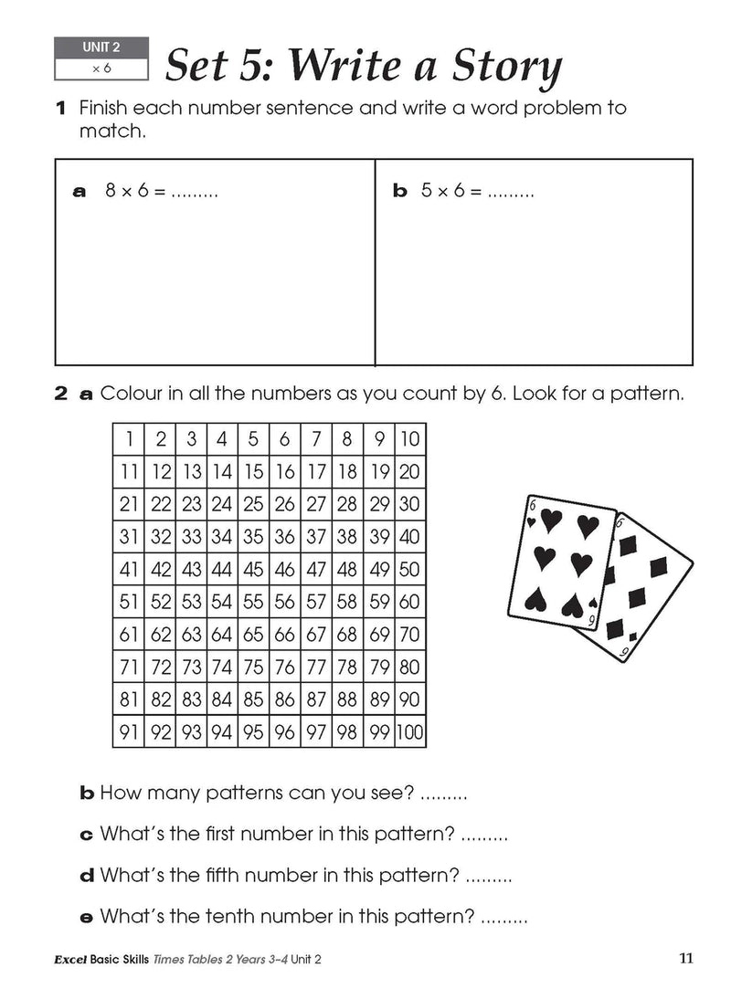 Sample inside activity page from the Excel Basic Skills Times Tables 2 Years 3-4 workbook showing printed exercises for children to complete