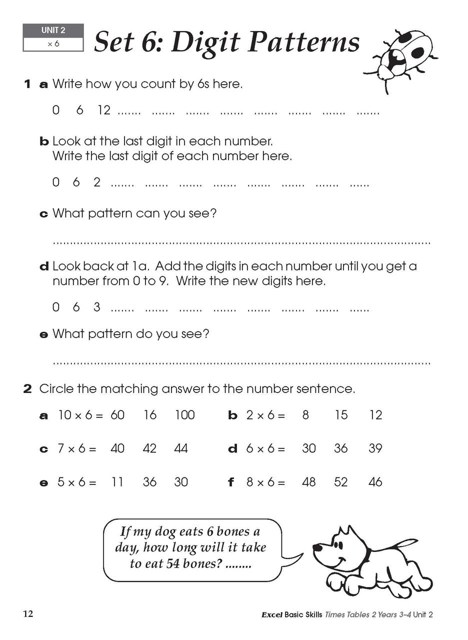 Sample inside activity page from the Excel Basic Skills Times Tables 2 Years 3-4 workbook showing printed exercises for children to complete