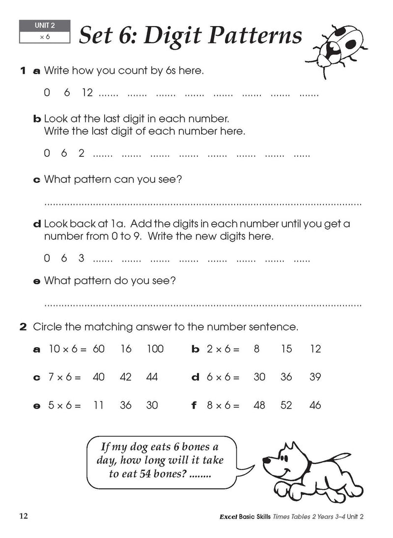 Sample inside activity page from the Excel Basic Skills Times Tables 2 Years 3-4 workbook showing printed exercises for children to complete