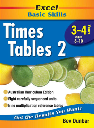 Front cover of the Excel Basic Skills Times Tables 2 Years 3-4 workbook from Pascal Press showing the Excel branding, title and year level