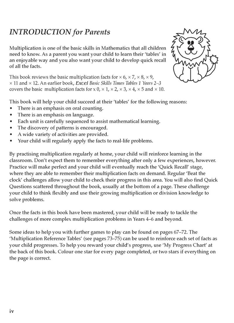 Sample inside activity page from the Excel Basic Skills Times Tables 2 Years 3-4 workbook showing printed exercises for children to complete