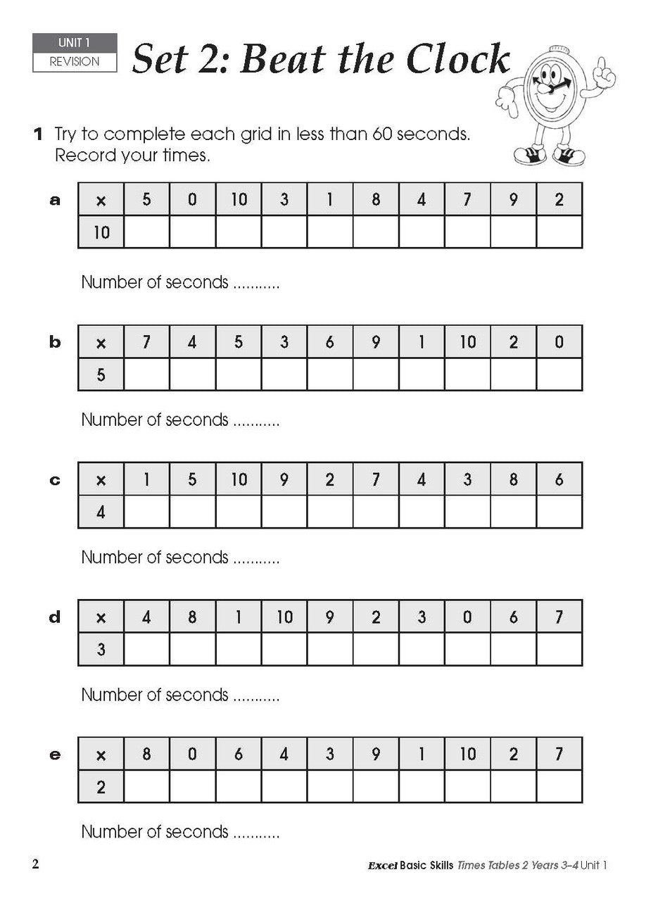 Sample inside activity page from the Excel Basic Skills Times Tables 2 Years 3-4 workbook showing printed exercises for children to complete