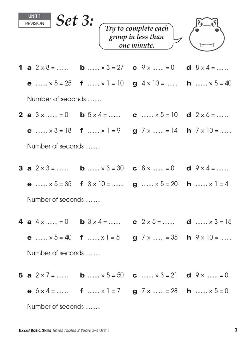 Sample inside activity page from the Excel Basic Skills Times Tables 2 Years 3-4 workbook showing printed exercises for children to complete