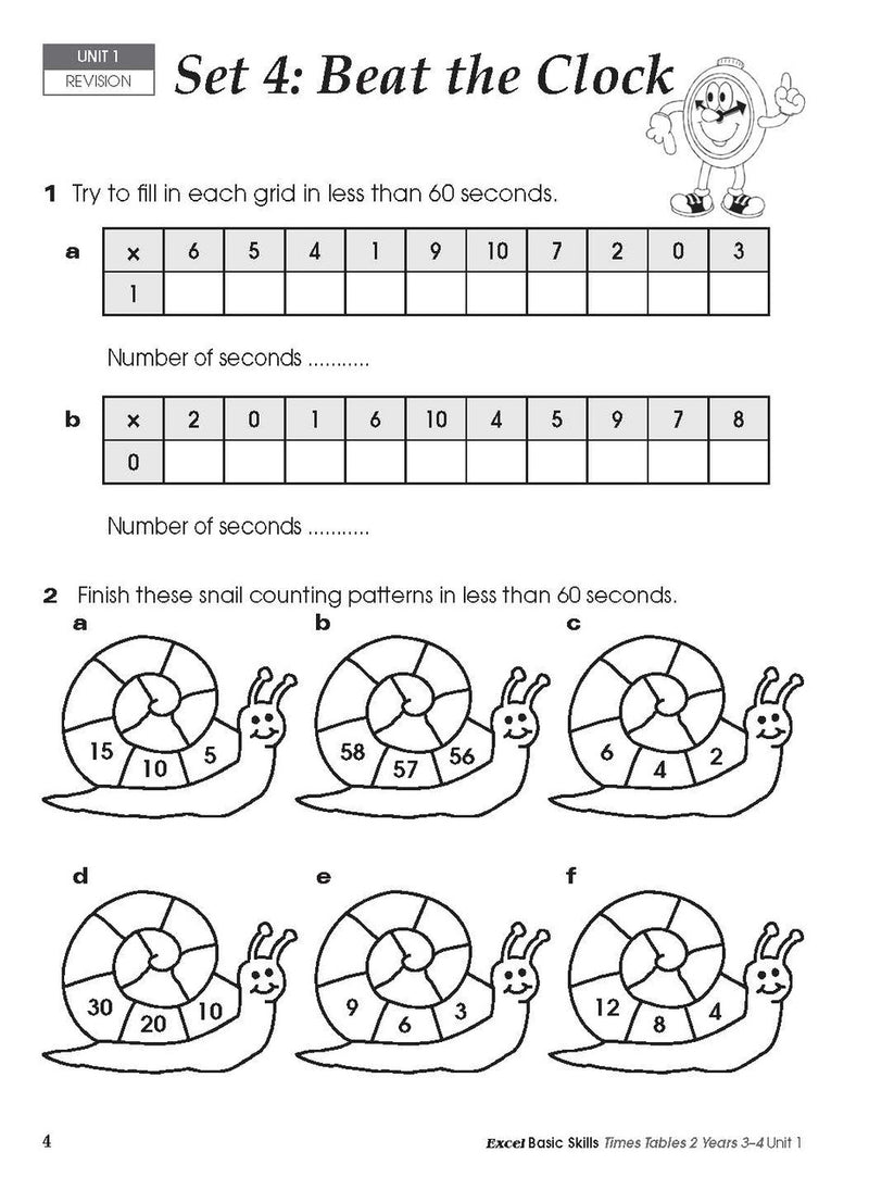 Sample inside activity page from the Excel Basic Skills Times Tables 2 Years 3-4 workbook showing printed exercises for children to complete