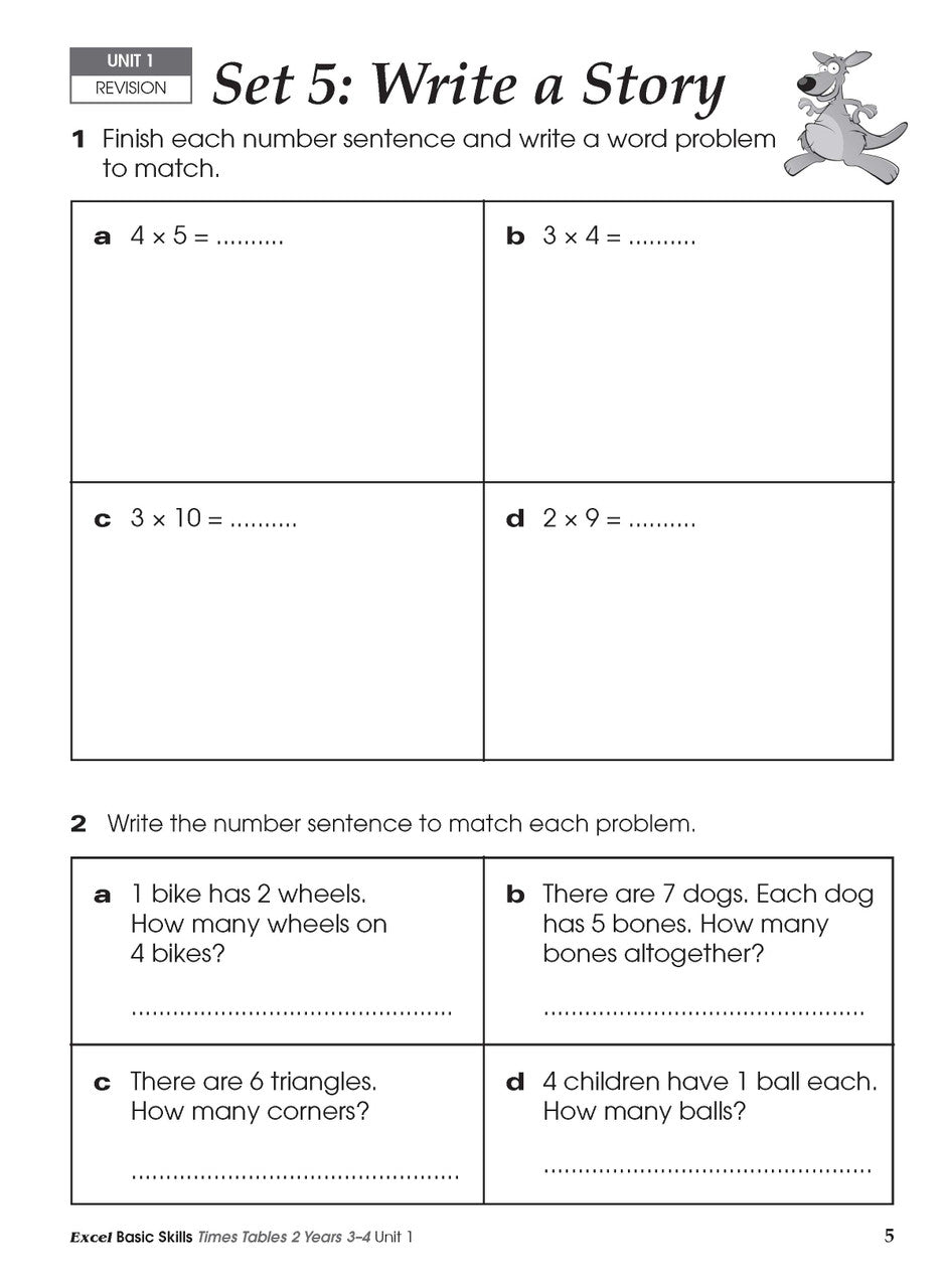 Sample inside activity page from the Excel Basic Skills Times Tables 2 Years 3-4 workbook showing printed exercises for children to complete