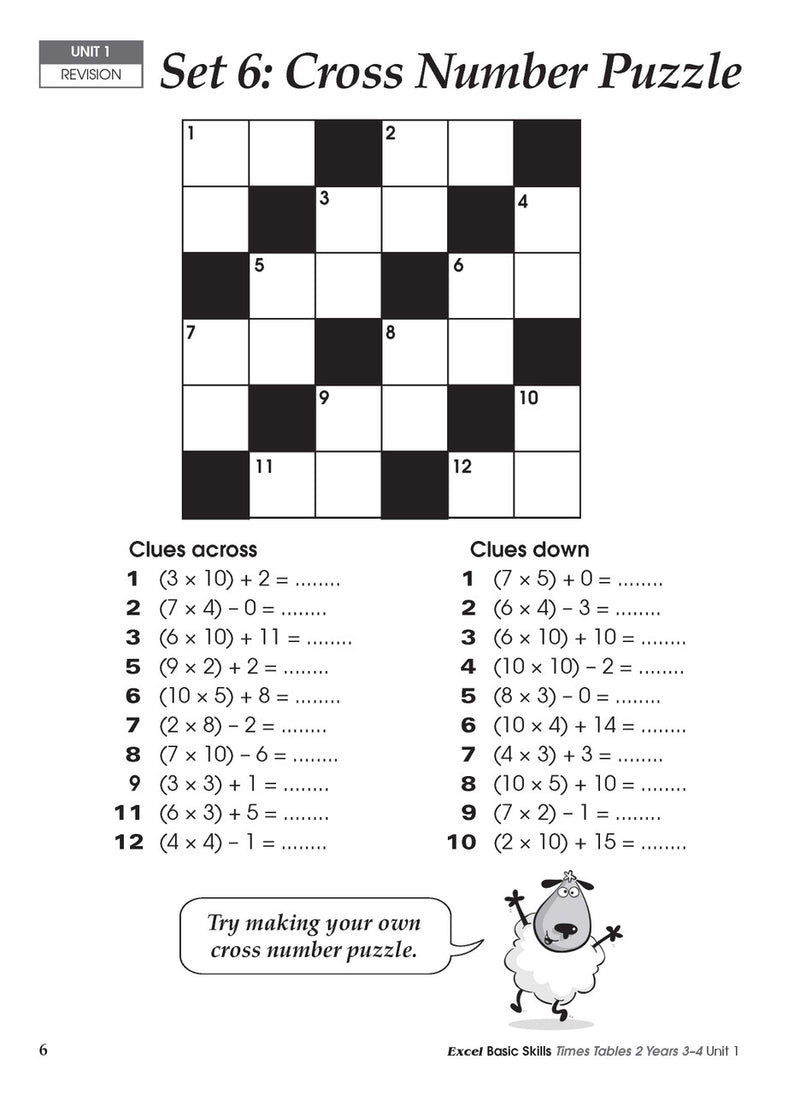 Sample inside activity page from the Excel Basic Skills Times Tables 2 Years 3-4 workbook showing printed exercises for children to complete