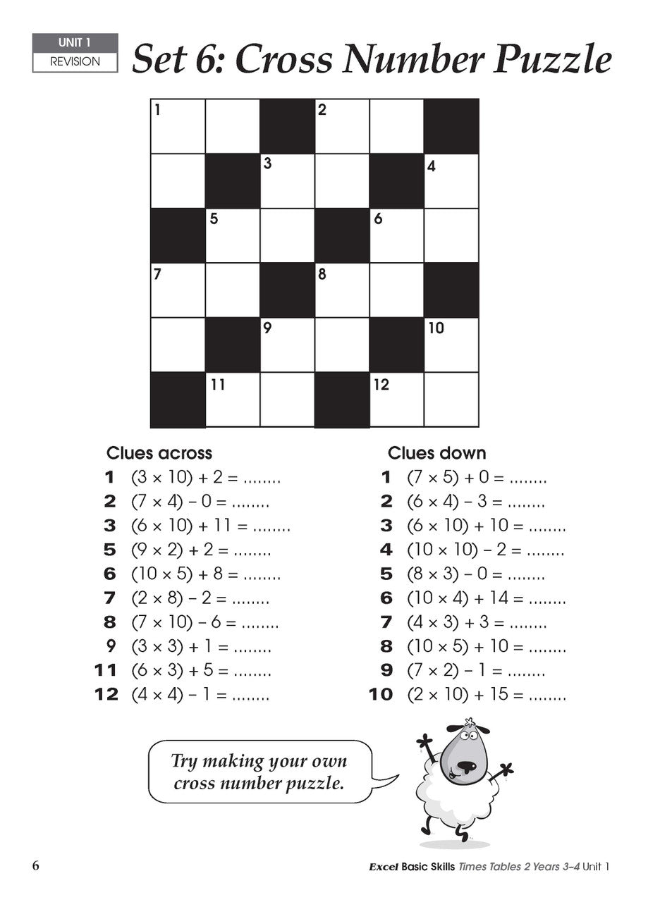 Sample inside activity page from the Excel Basic Skills Times Tables 2 Years 3-4 workbook showing printed exercises for children to complete