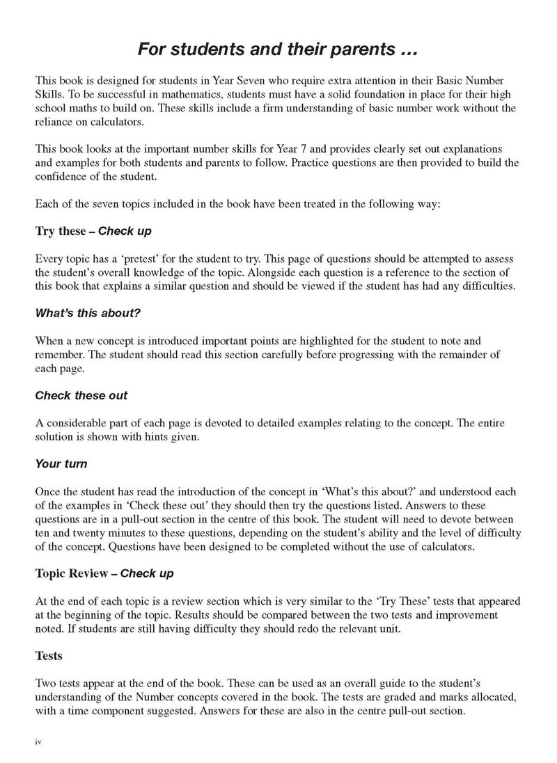 Sample interior page from the Excel Basic Skills Whole Numbers Year 7 workbook as shown in the Pascal Press product gallery