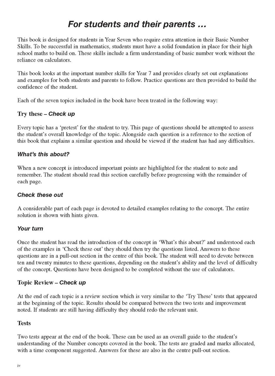Sample interior page from the Excel Basic Skills Whole Numbers Year 7 workbook as shown in the Pascal Press product gallery