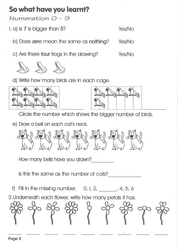Sample inside activity page from the Excel Basic Skills Working with Numbers Year 1 workbook showing printed exercises for children to complete