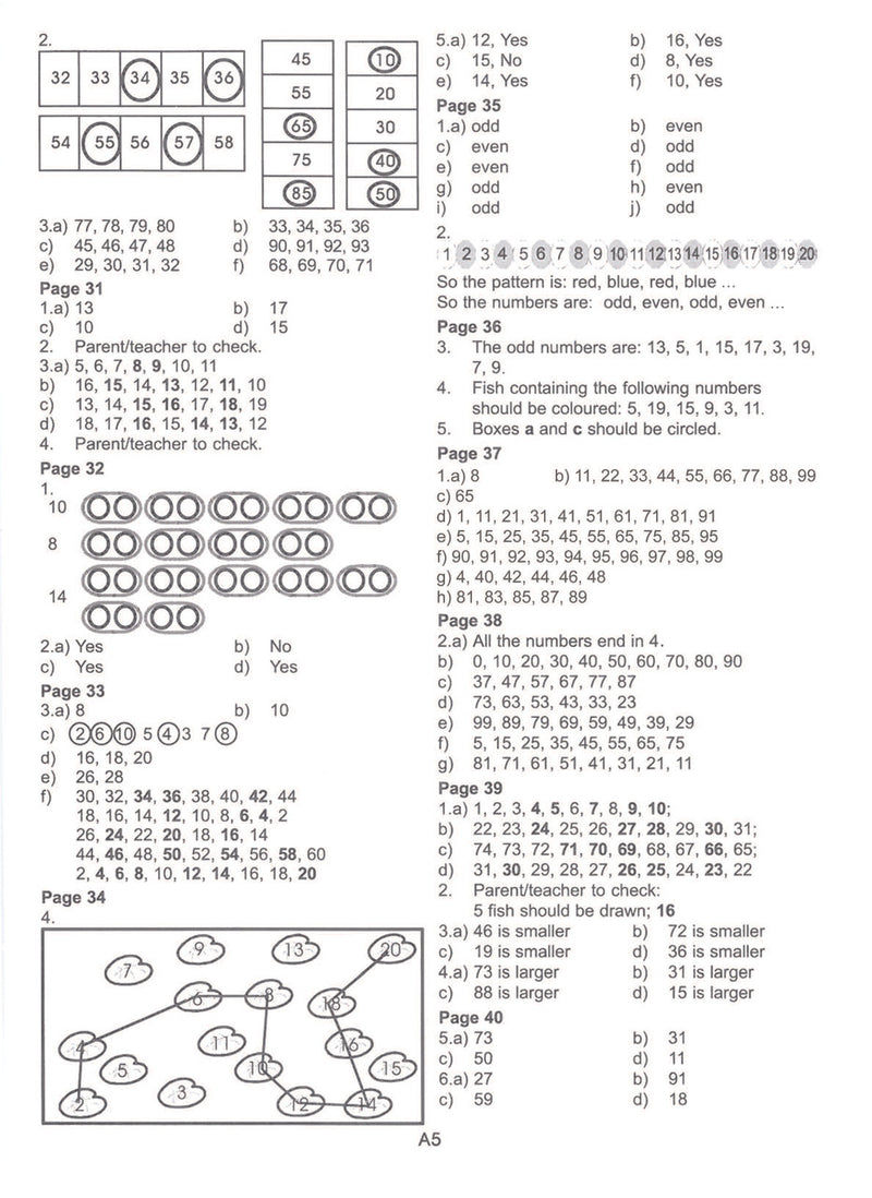 Sample inside activity page from the Excel Basic Skills Working with Numbers Year 1 workbook showing printed exercises for children to complete