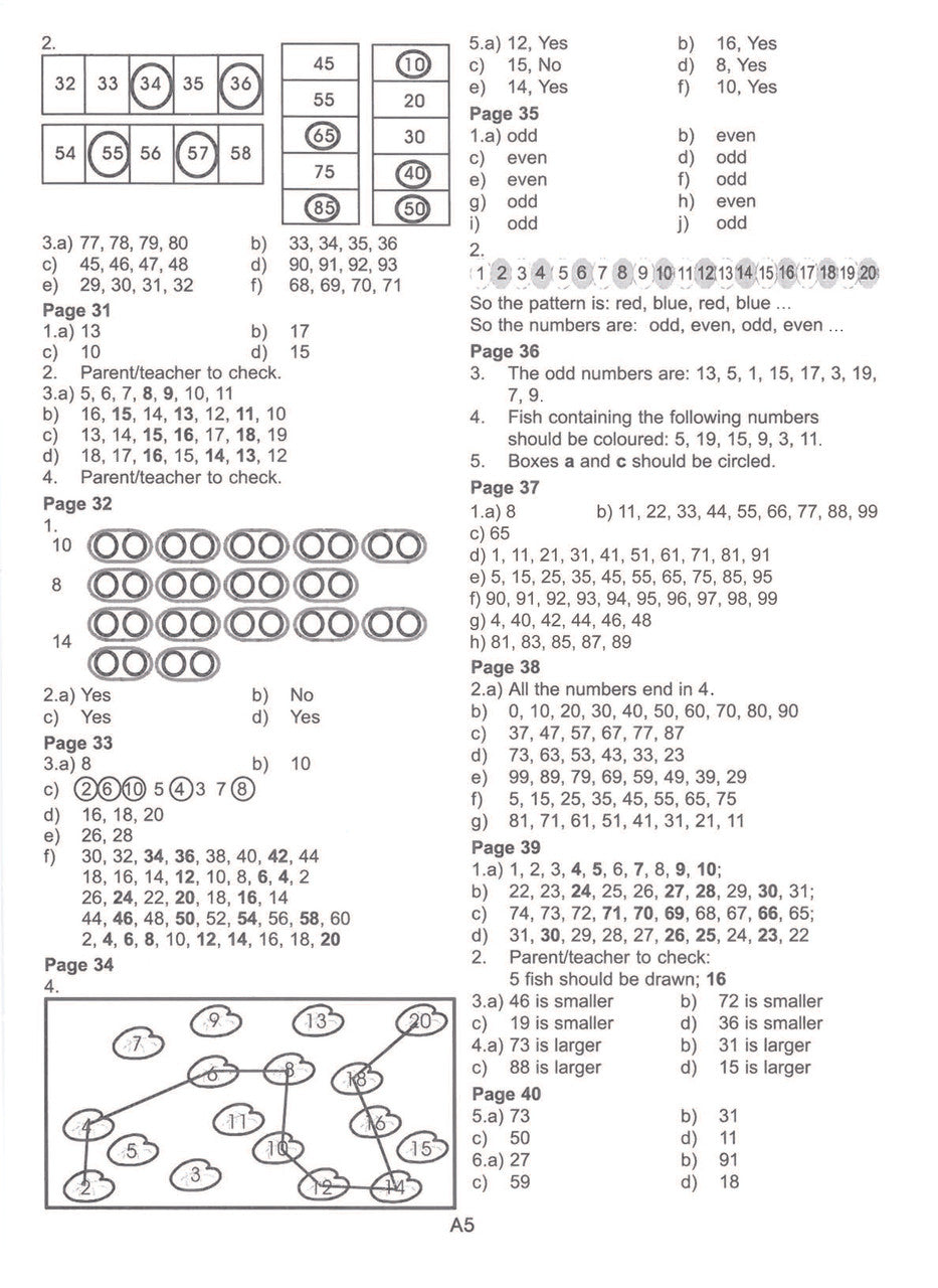 Sample inside activity page from the Excel Basic Skills Working with Numbers Year 1 workbook showing printed exercises for children to complete