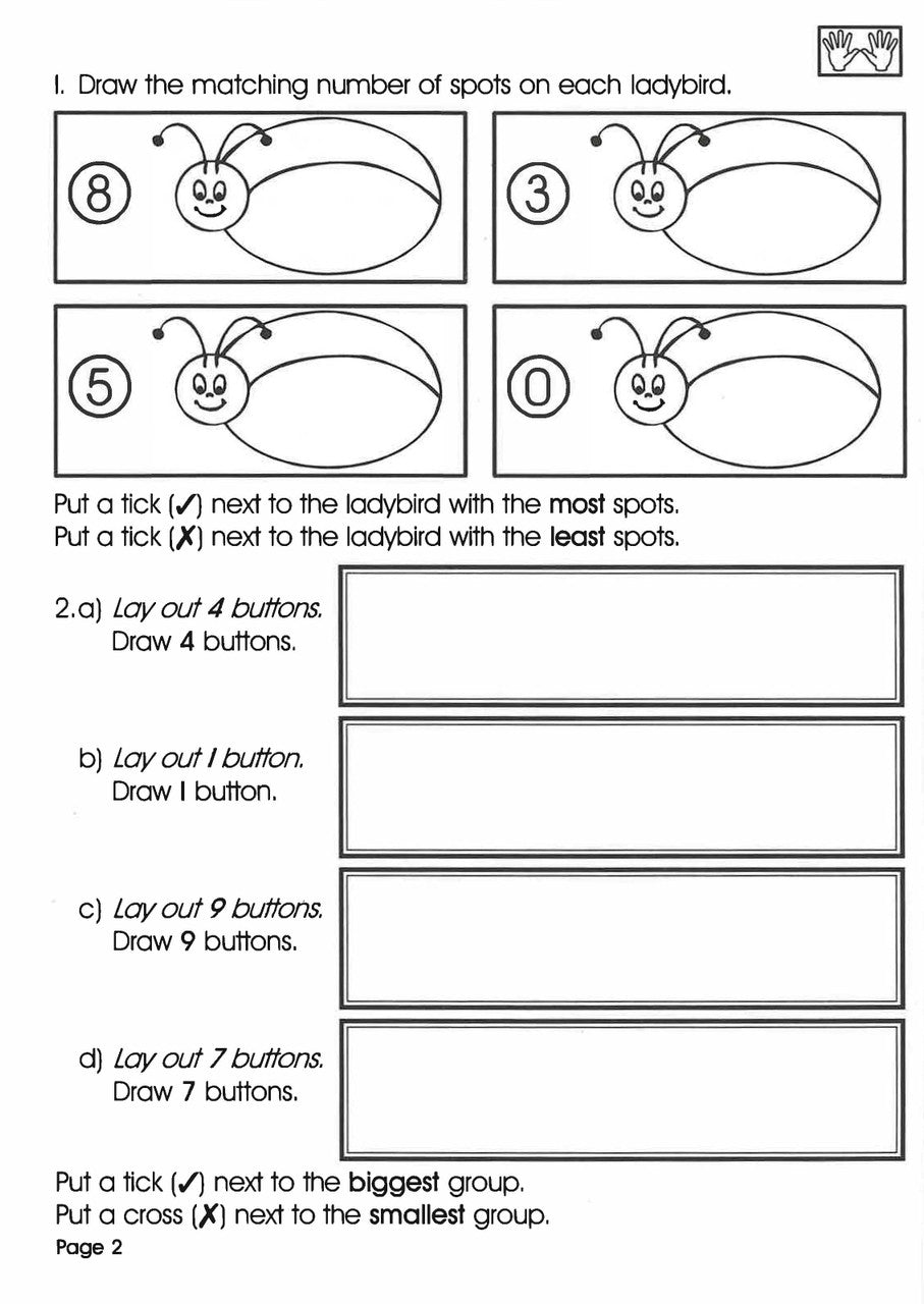 Sample inside activity page from the Excel Basic Skills Working with Numbers Year 1 workbook showing printed exercises for children to complete