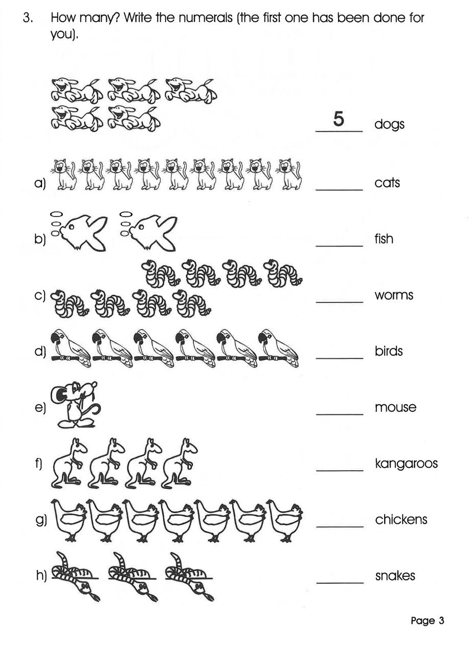 Sample inside activity page from the Excel Basic Skills Working with Numbers Year 1 workbook showing printed exercises for children to complete