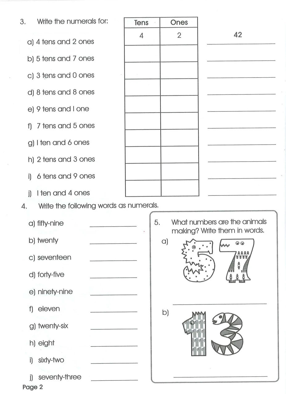 Sample inside activity page from the Excel Basic Skills Working with Numbers Year 2 workbook showing printed exercises for children to complete