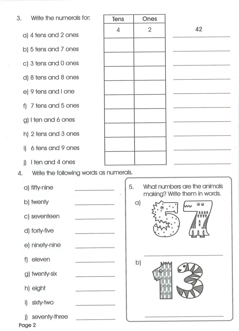 Sample inside activity page from the Excel Basic Skills Working with Numbers Year 2 workbook showing printed exercises for children to complete