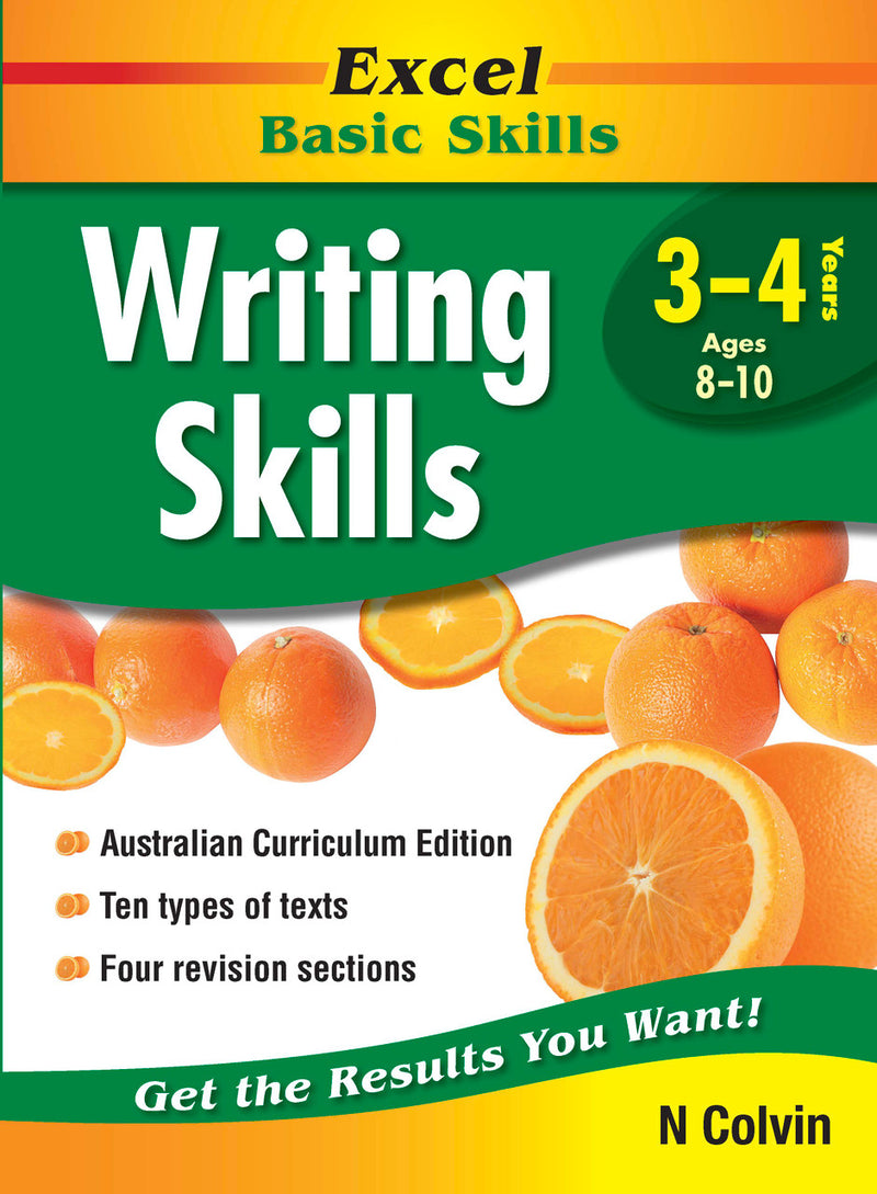 Front cover of the Excel Basic Skills Writing Skills Years 3-4 workbook by Pascal Press, the main product image
