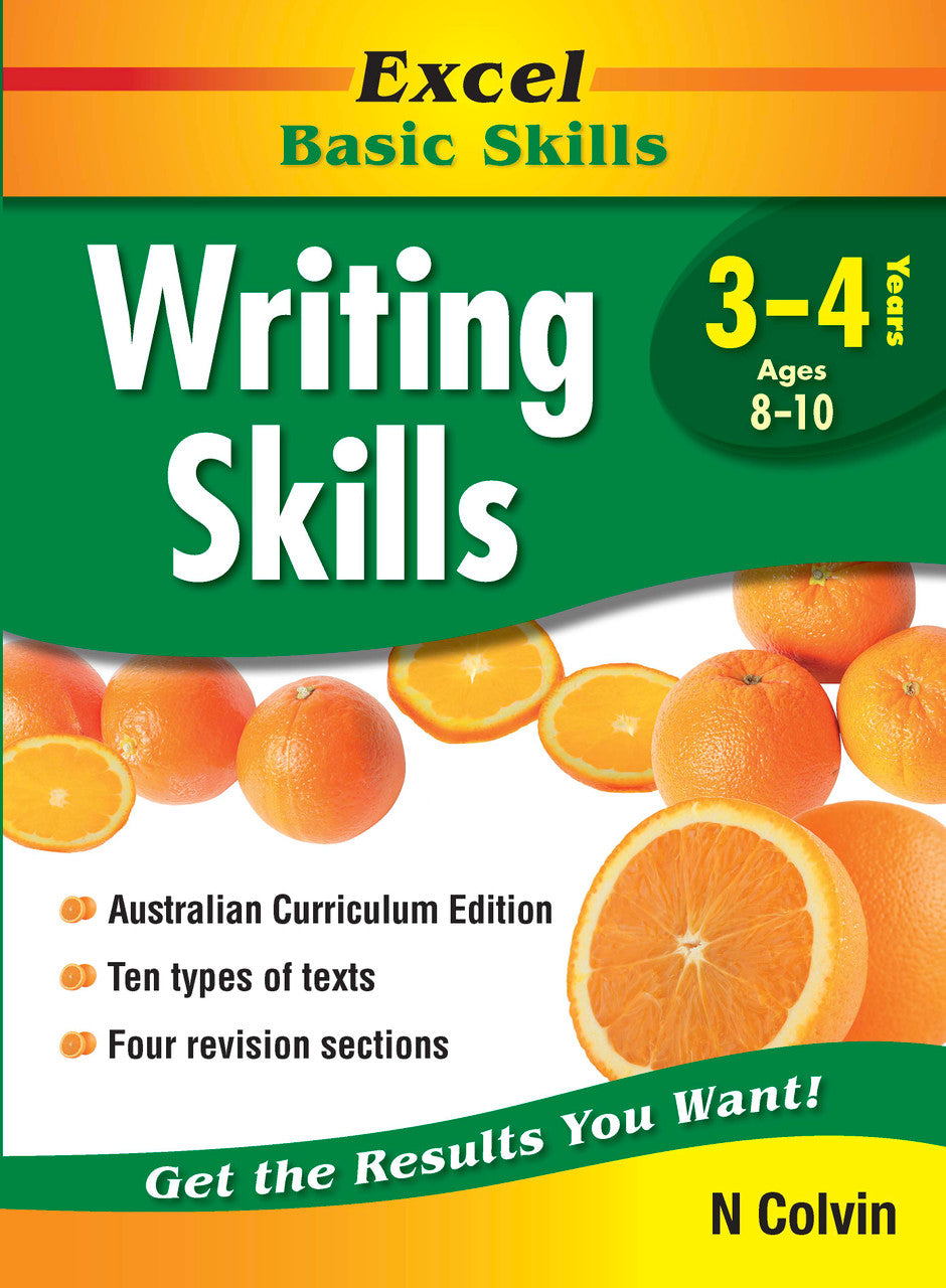 Front cover of the Excel Basic Skills Writing Skills Years 3-4 workbook by Pascal Press, the main product image