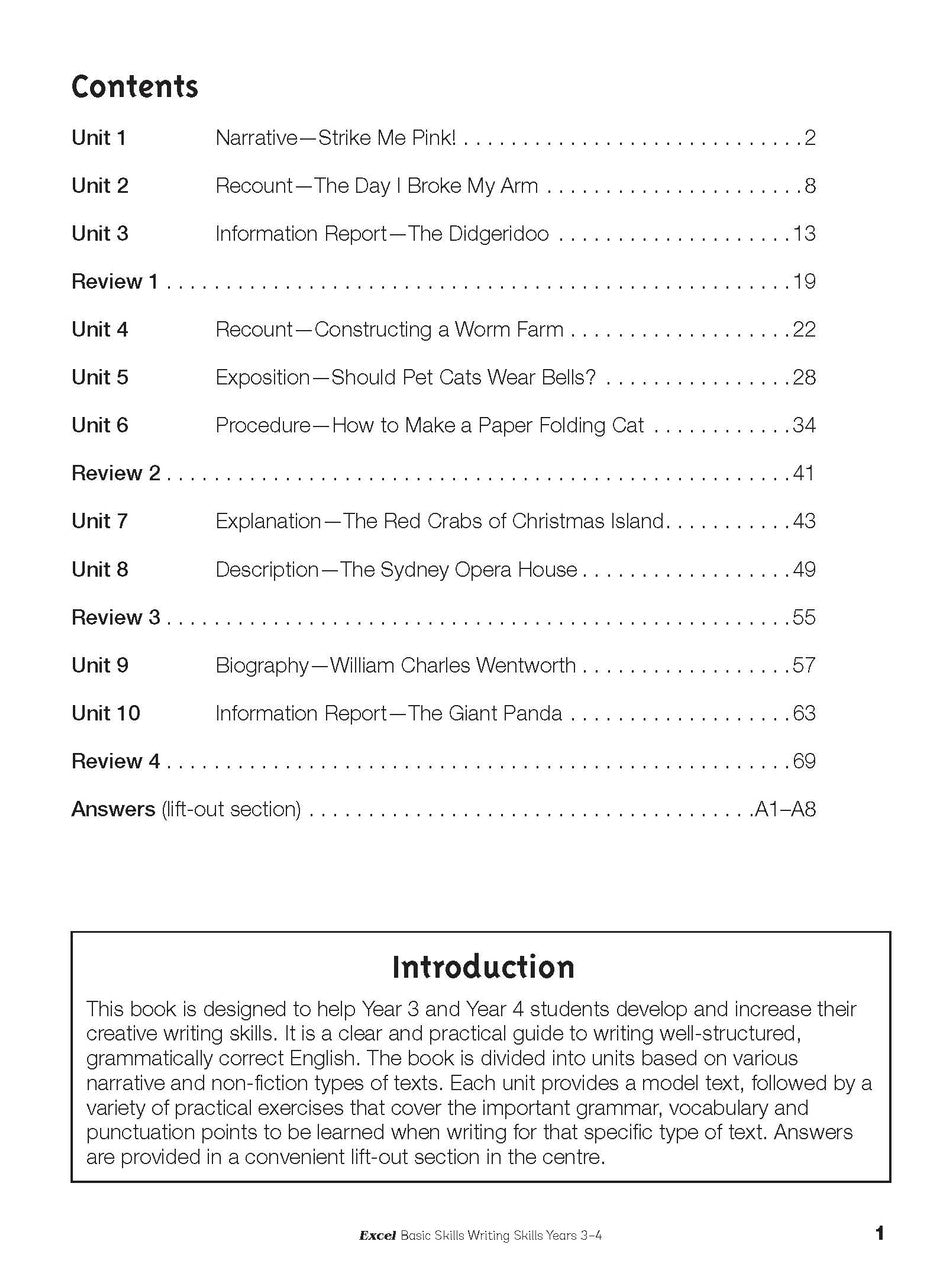 Sample interior page from the Excel Basic Skills Writing Skills Years 3-4 workbook, as shown in the Pascal Press gallery