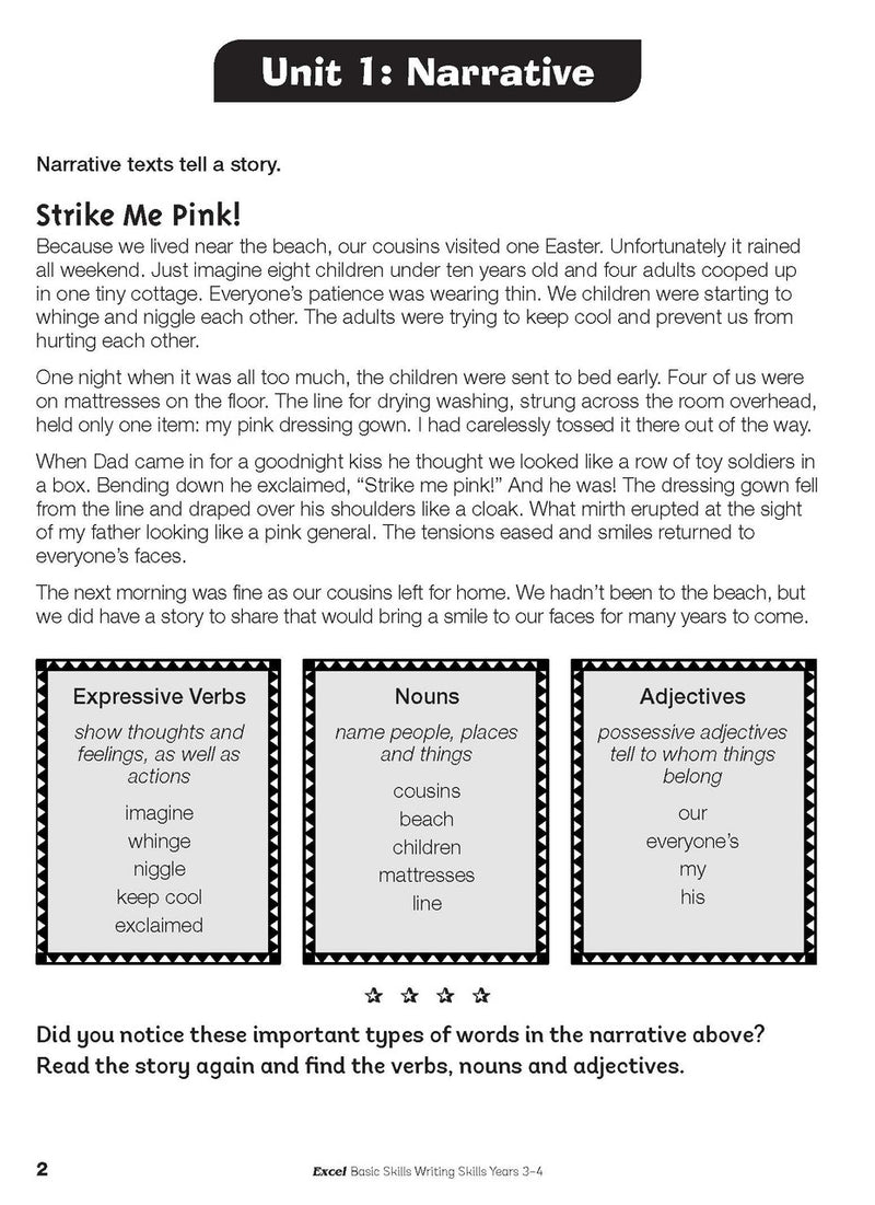 Sample interior page from the Excel Basic Skills Writing Skills Years 3-4 workbook, as shown in the Pascal Press gallery