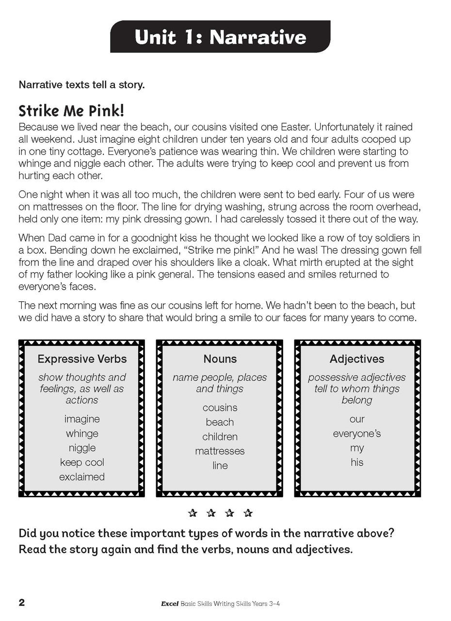 Sample interior page from the Excel Basic Skills Writing Skills Years 3-4 workbook, as shown in the Pascal Press gallery