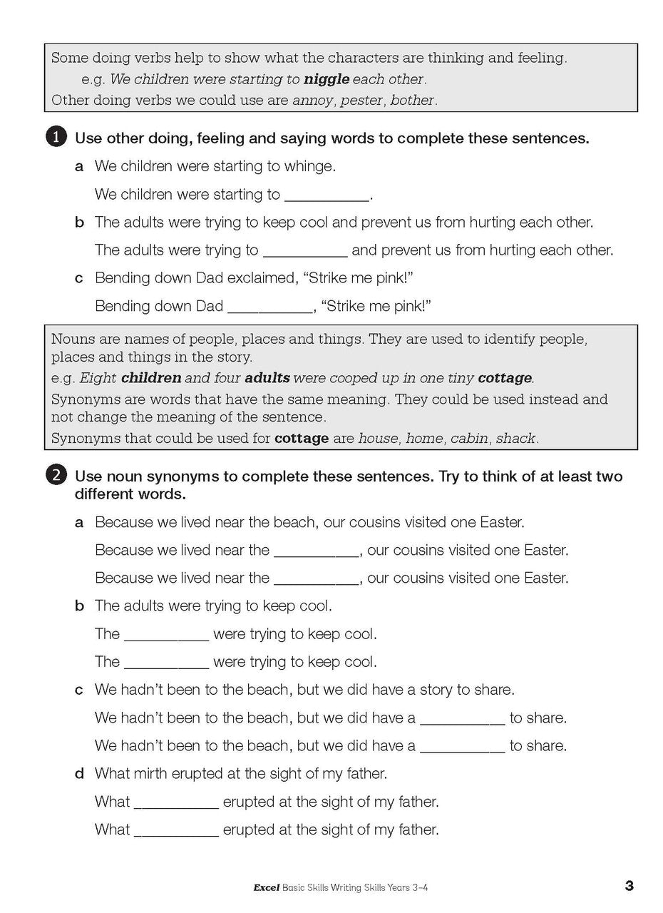 Sample interior page from the Excel Basic Skills Writing Skills Years 3-4 workbook, as shown in the Pascal Press gallery