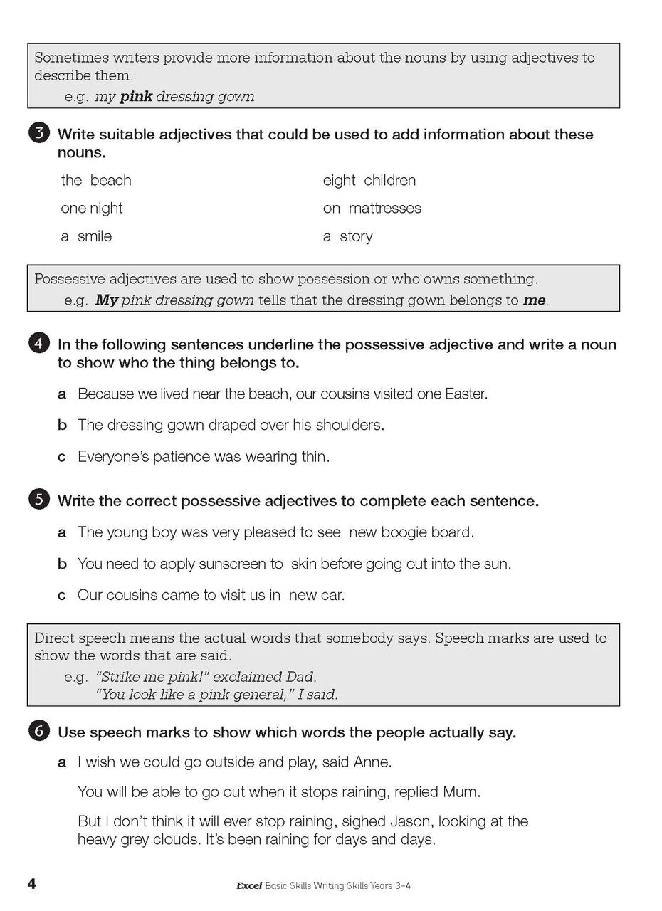 Sample interior page from the Excel Basic Skills Writing Skills Years 3-4 workbook, as shown in the Pascal Press gallery