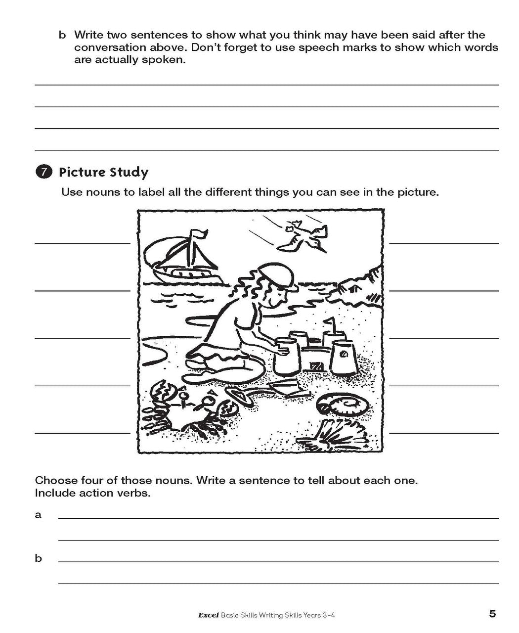 Sample interior page from the Excel Basic Skills Writing Skills Years 3-4 workbook, as shown in the Pascal Press gallery