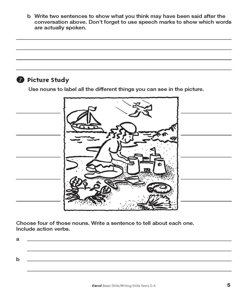 Sample interior page from the Excel Basic Skills Writing Skills Years 3-4 workbook, as shown in the Pascal Press gallery