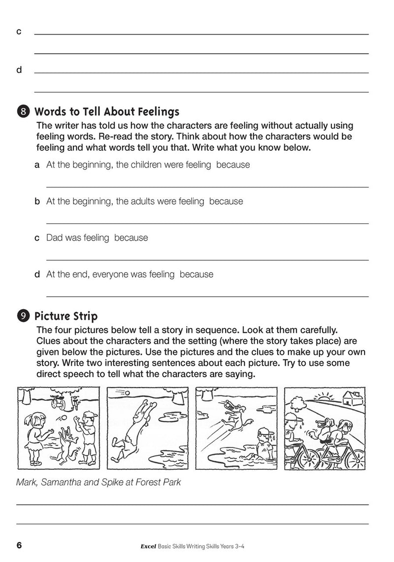 Sample interior page from the Excel Basic Skills Writing Skills Years 3-4 workbook, as shown in the Pascal Press gallery