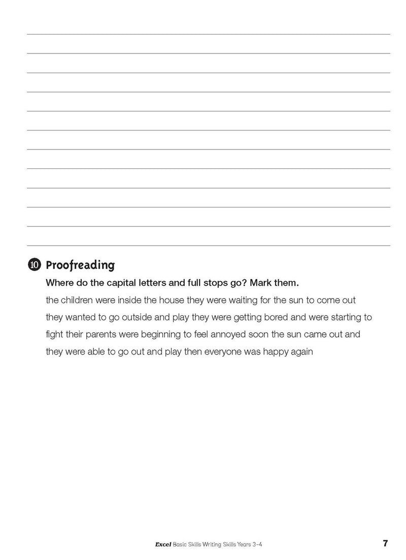 Sample interior page from the Excel Basic Skills Writing Skills Years 3-4 workbook, as shown in the Pascal Press gallery