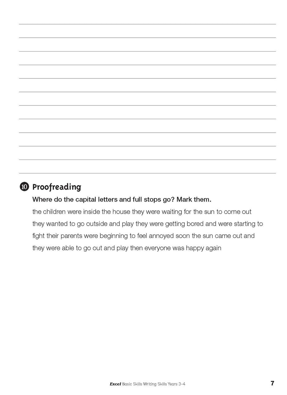Sample interior page from the Excel Basic Skills Writing Skills Years 3-4 workbook, as shown in the Pascal Press gallery