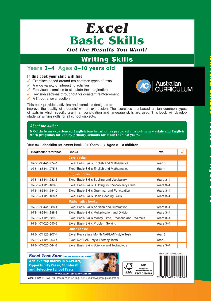 Sample interior page from the Excel Basic Skills Writing Skills Years 3-4 workbook, as shown in the Pascal Press gallery