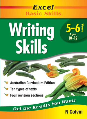 Front cover of the Excel Basic Skills Writing Skills Years 5-6 workbook by Pascal Press, the main product image
