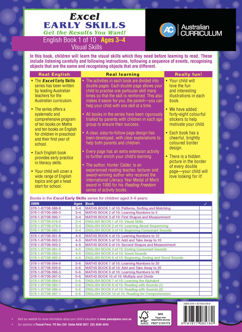Preview page 4 from the Excel Early Skills English Book 1 Visual Skills activity book as shown in the publisher gallery