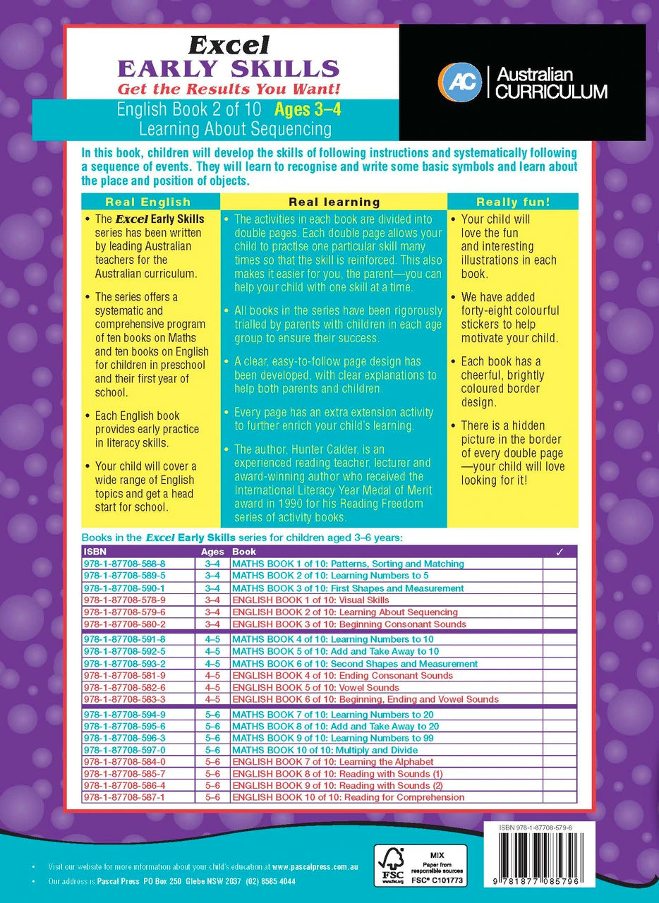 Preview page 5 from the Excel Early Skills English Book 2 Learning About Sequencing activity book as shown in the publisher gallery