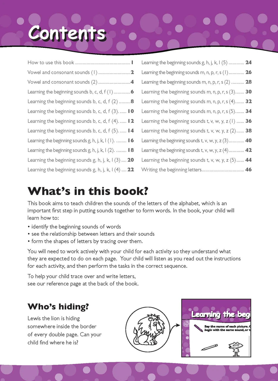Preview page 1 from the Excel Early Skills English Book 3 Beginning Consonant Sounds activity book as shown in the publisher gallery