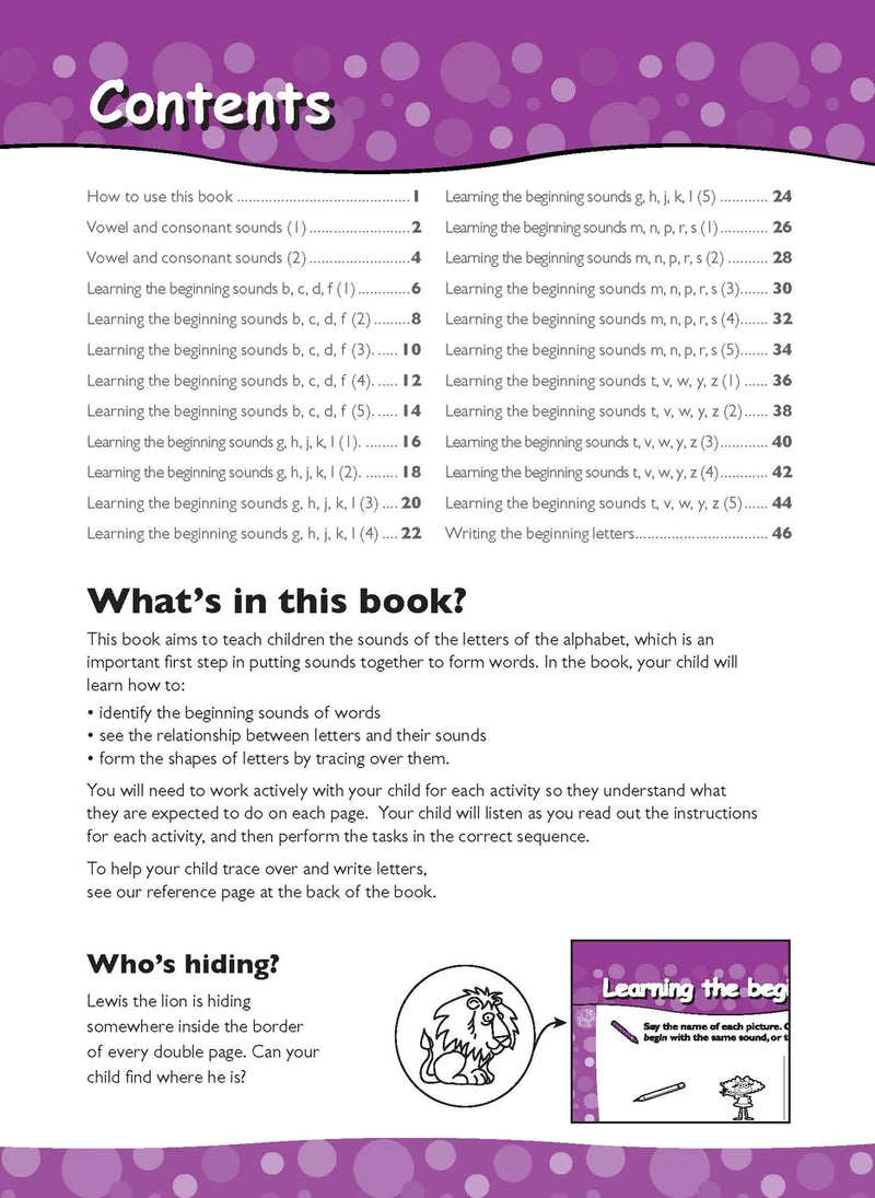 Preview page 1 from the Excel Early Skills English Book 3 Beginning Consonant Sounds activity book as shown in the publisher gallery
