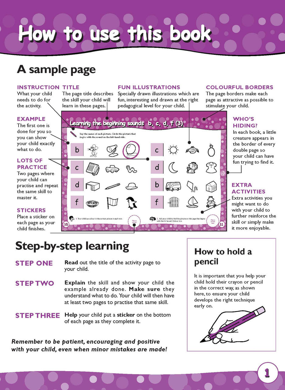 Preview page 2 from the Excel Early Skills English Book 3 Beginning Consonant Sounds activity book as shown in the publisher gallery