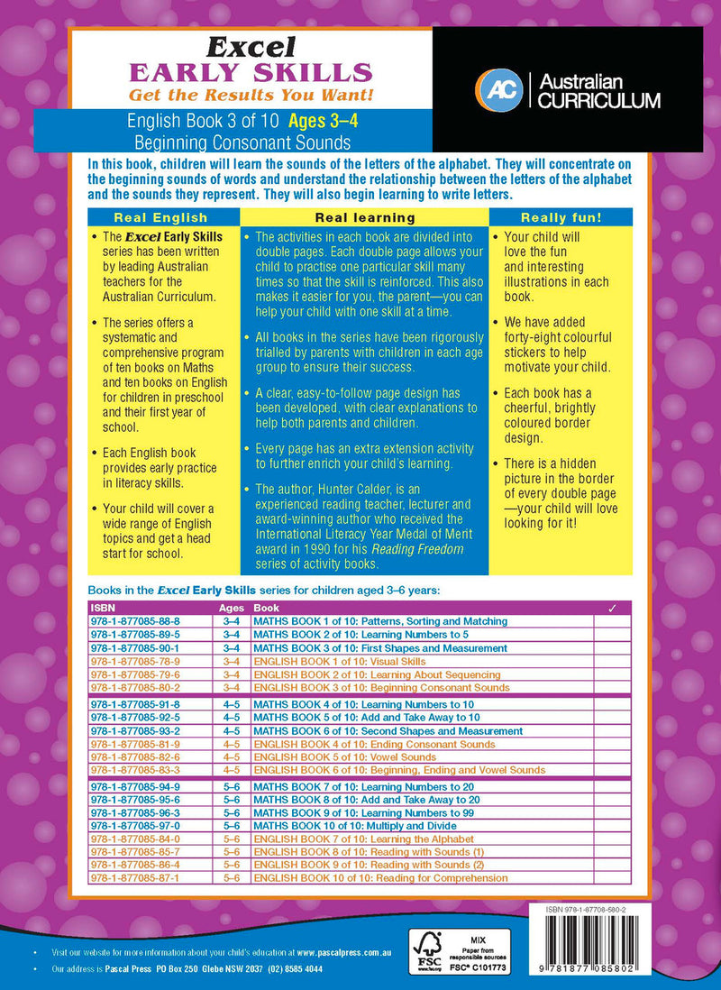 Preview page 5 from the Excel Early Skills English Book 3 Beginning Consonant Sounds activity book as shown in the publisher gallery