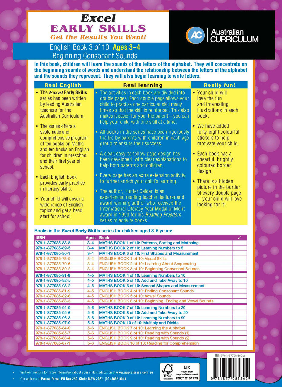 Preview page 5 from the Excel Early Skills English Book 3 Beginning Consonant Sounds activity book as shown in the publisher gallery