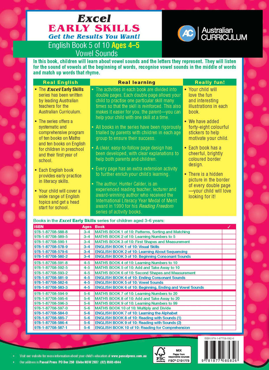 Preview page 5 from the Excel Early Skills English Book 5 Vowel Sounds activity book as shown in the publisher gallery