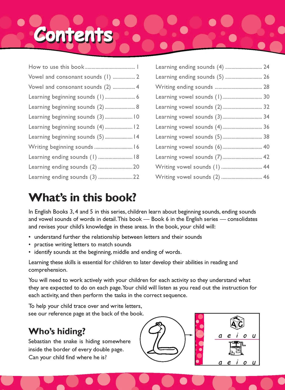 Preview page 1 from the Excel Early Skills English Book 6 Beginning, Ending and Vowel Sounds activity book as shown in the publisher gallery