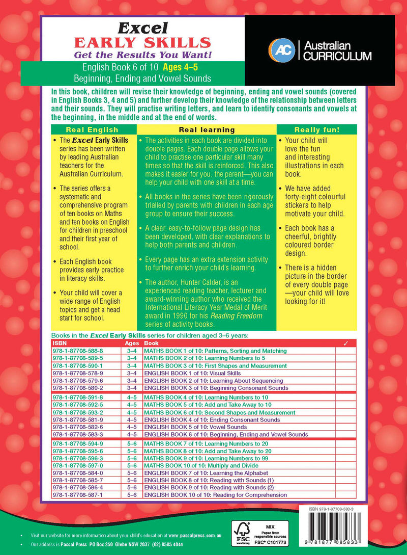 Preview page 5 from the Excel Early Skills English Book 6 Beginning, Ending and Vowel Sounds activity book as shown in the publisher gallery