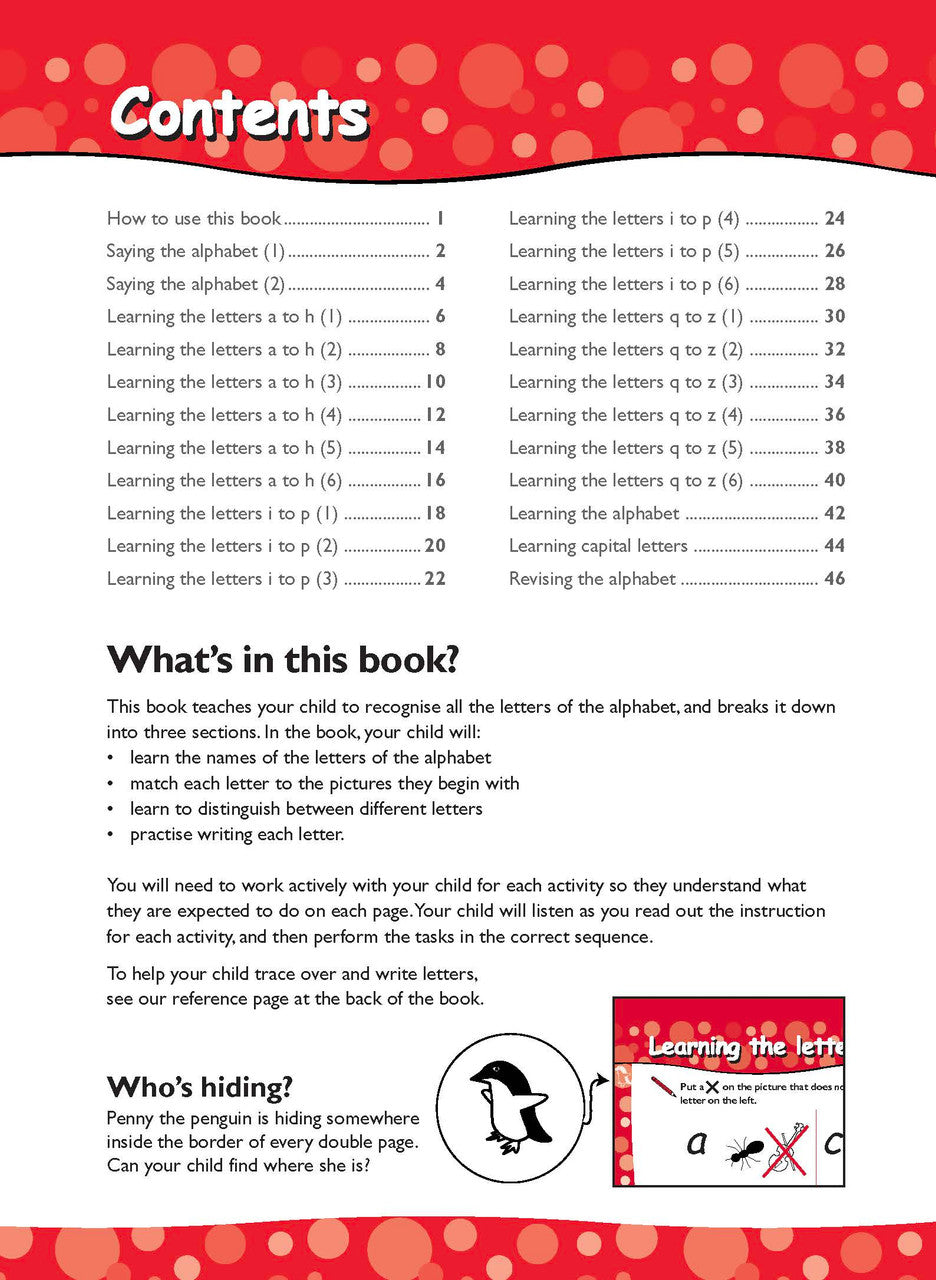 Opening interior page from Excel Early Skills English Book 7 Learning the Alphabet, as previewed on the publisher product page