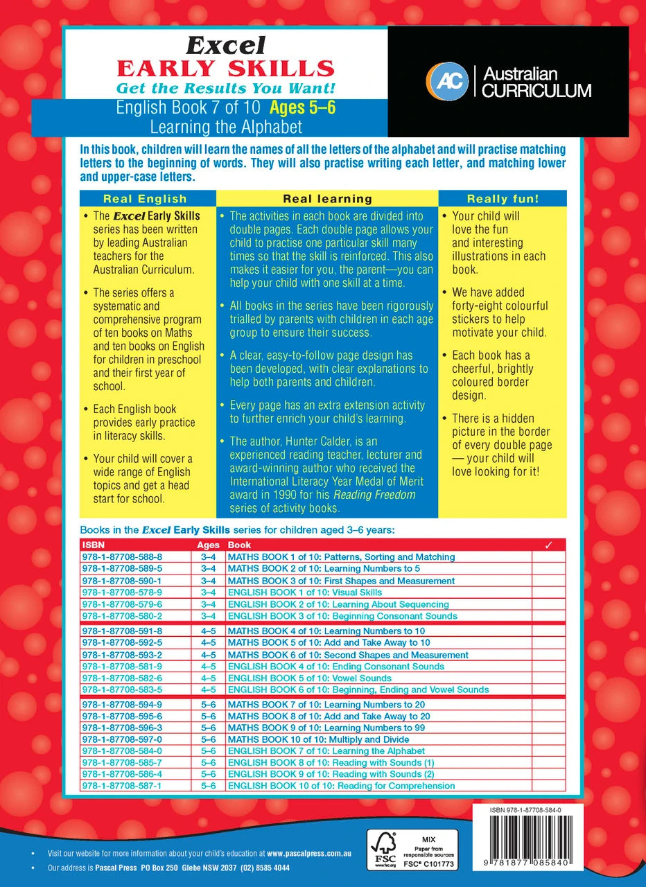 Sample activity page 4 from inside Excel Early Skills English Book 7 Learning the Alphabet, showing the workbook page layout