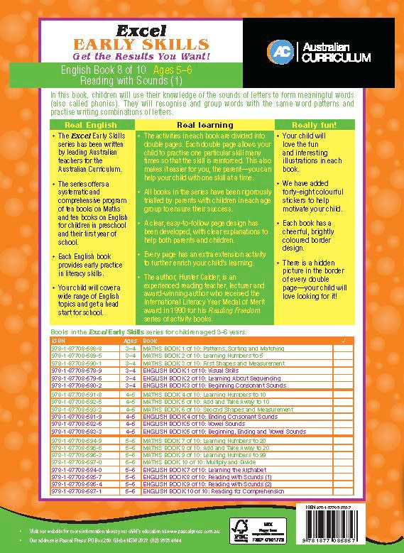 Sample activity page 4 from inside Excel Early Skills English Book 8 Reading with Sounds 1, showing the workbook page layout